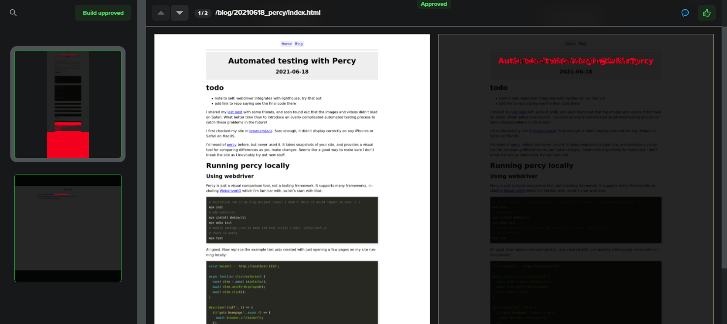 example of comparing two versions of a page in Percy's UI