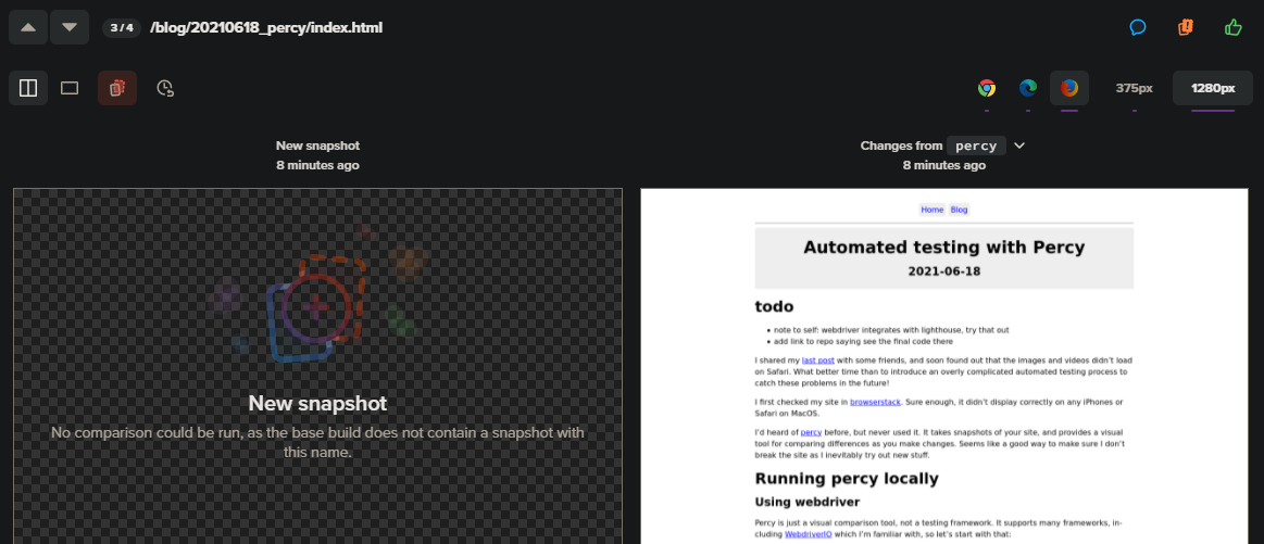 example of a new snapshot display on Percy's UI