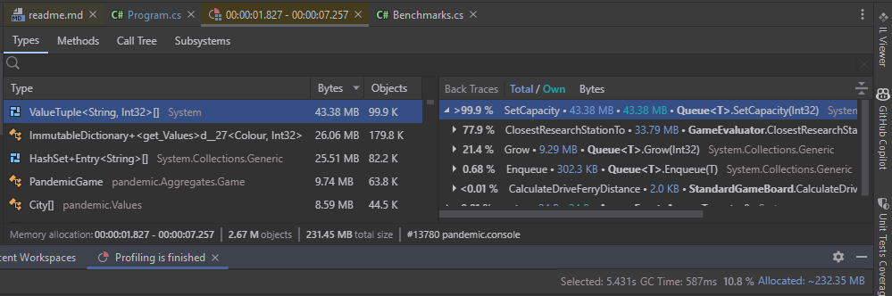 a screenshot of Rider's memory profiler