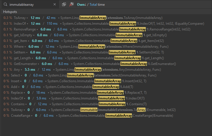 a screenshot of Rider's profiler, showing ImmutableArray method calls