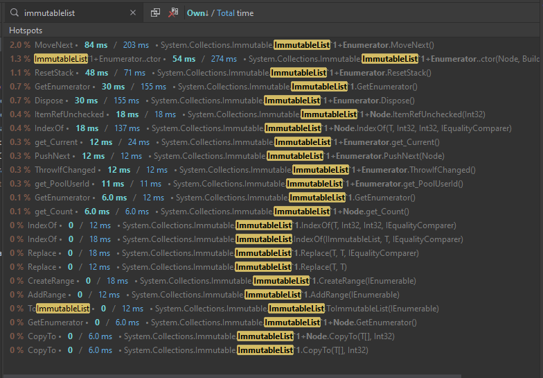 a screenshot of Rider's profiler, showing ImmutableList method calls