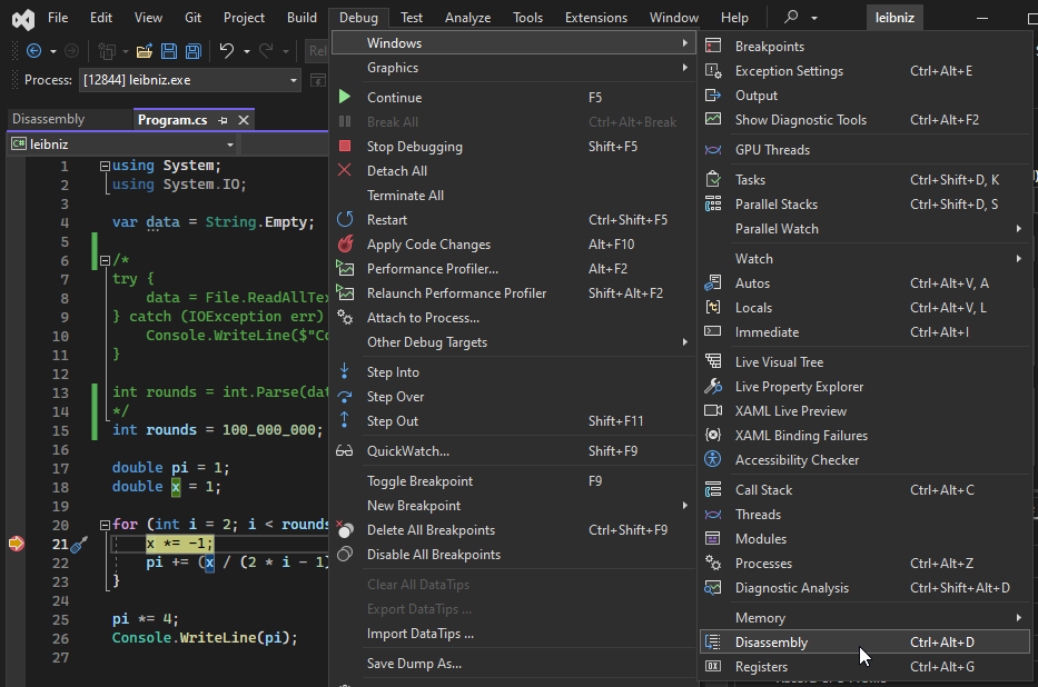 A screenshot of Visual Studio, showing the disassembly menu item being selected